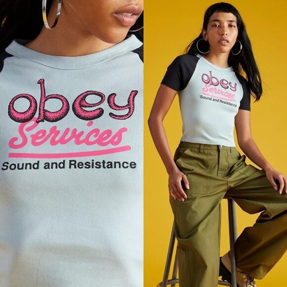 nwt OBEY Services Graphic Stevie Baby Tee in Surf Spray - Size L - Picture 1 of 14